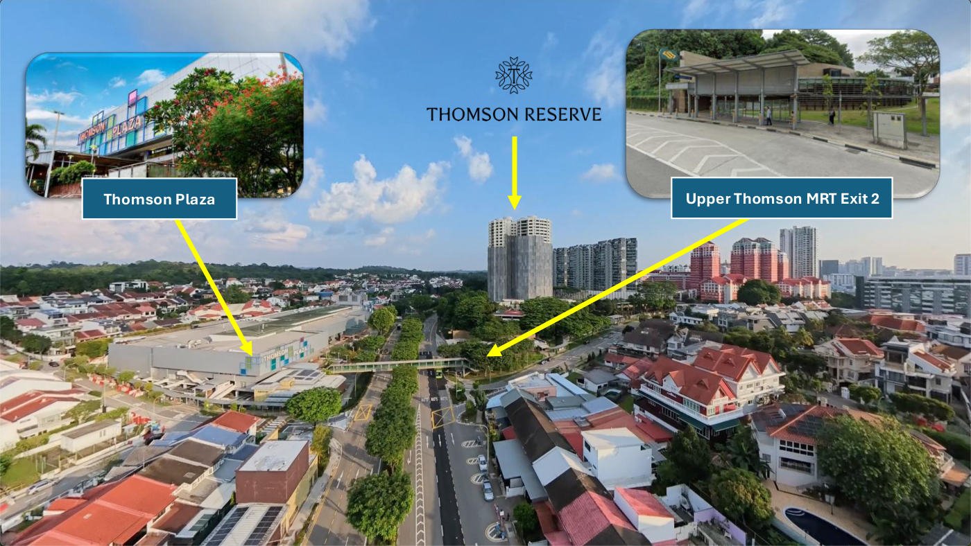 Aerial photograph of Upper Thomson showing the Thomson Reserve site, Thomson Plaza directly opposite and Upper Thomson MRT Exit 2