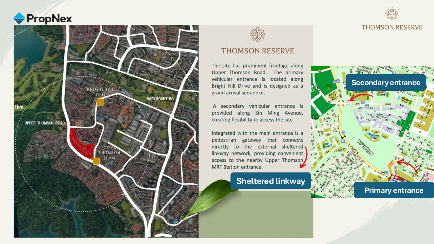 Site frontage map showing the primary vehicular entrance on Bright Hill Drive, the secondary entrance on Sin Ming Avenue and the sheltered linkway to Upper Thomson MRT