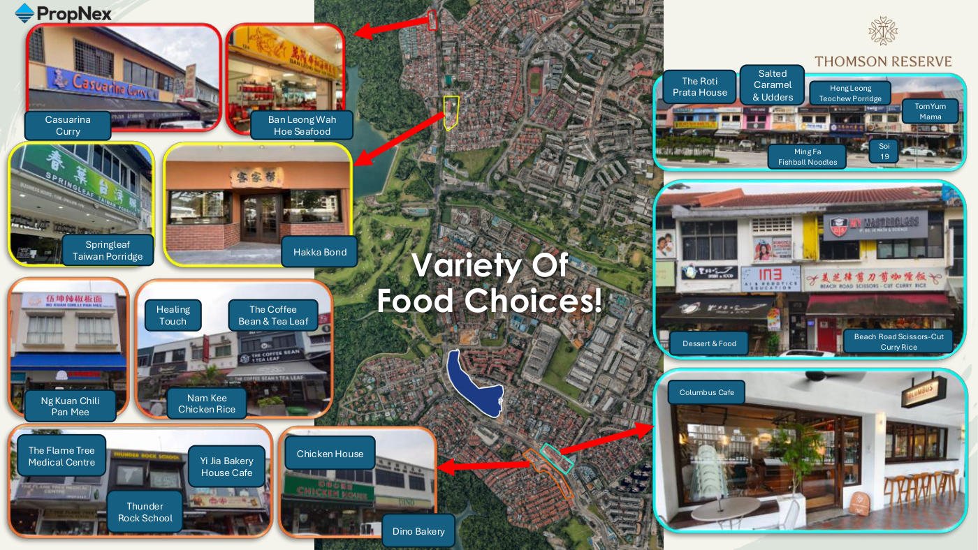 A selection of Upper Thomson eateries near Thomson Reserve including Casuarina Curry, Nam Kee Chicken Rice, The Roti Prata House, Ming Fa Fishball Noodles and Salted Caramel