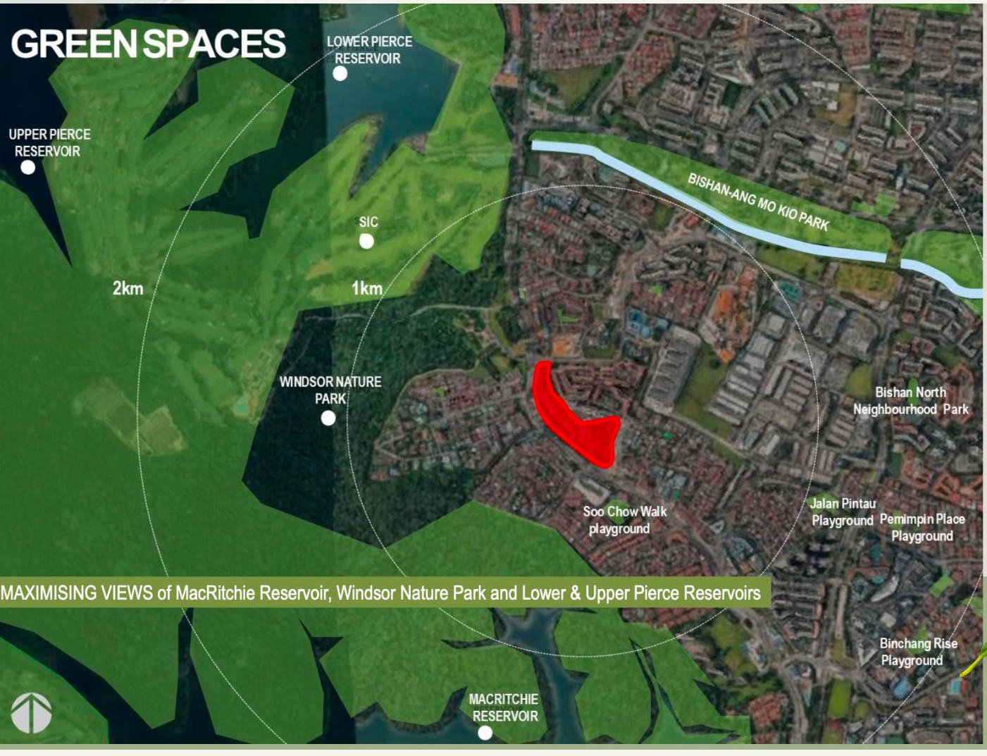 Green spaces map showing Windsor Nature Park and MacRitchie Reservoir to the southwest and Singapore Island Country Club to the northwest of Thomson Reserve