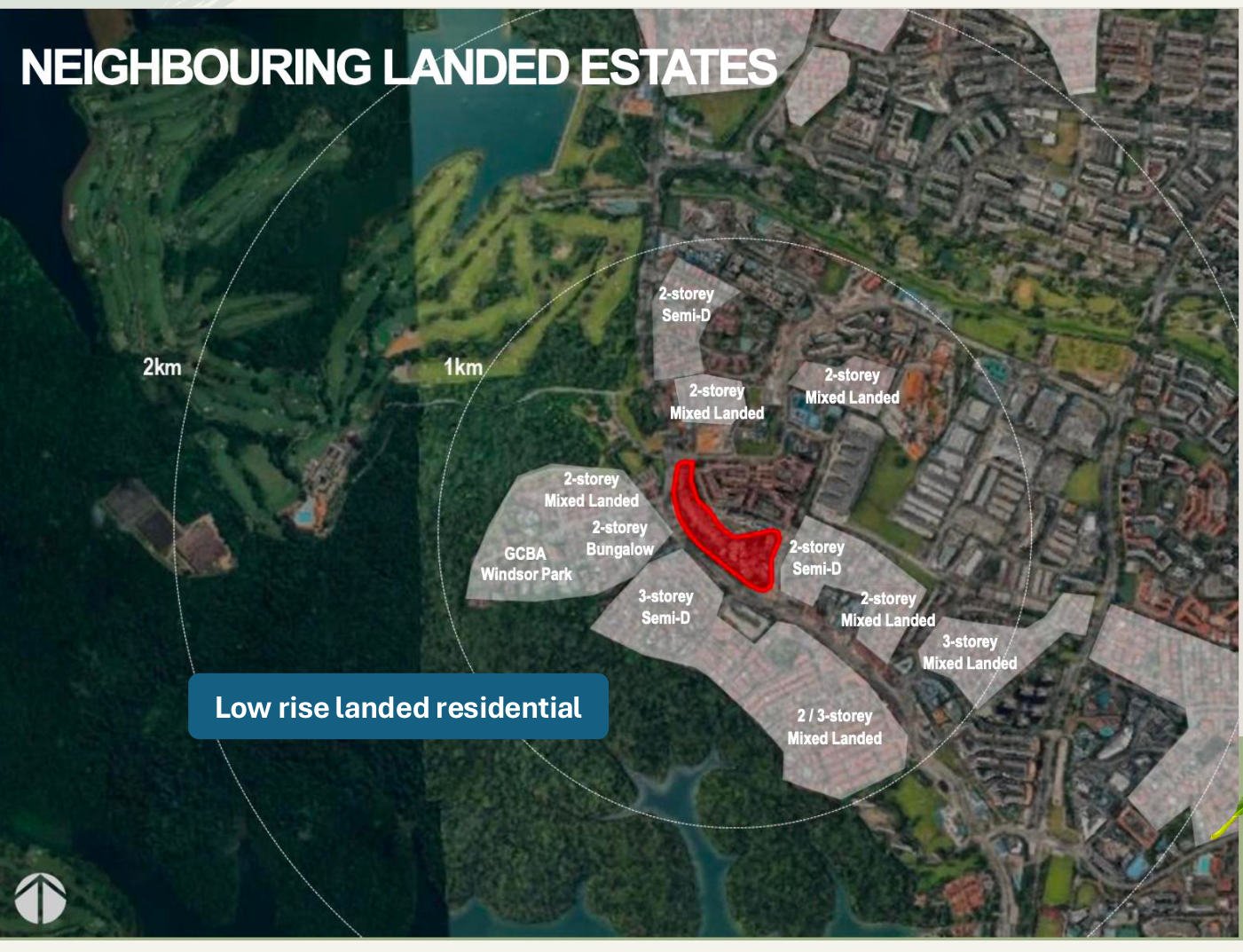 Map of neighbouring landed estates — two and three storey semi-detached, bungalows and mixed landed housing to the south of Thomson Reserve