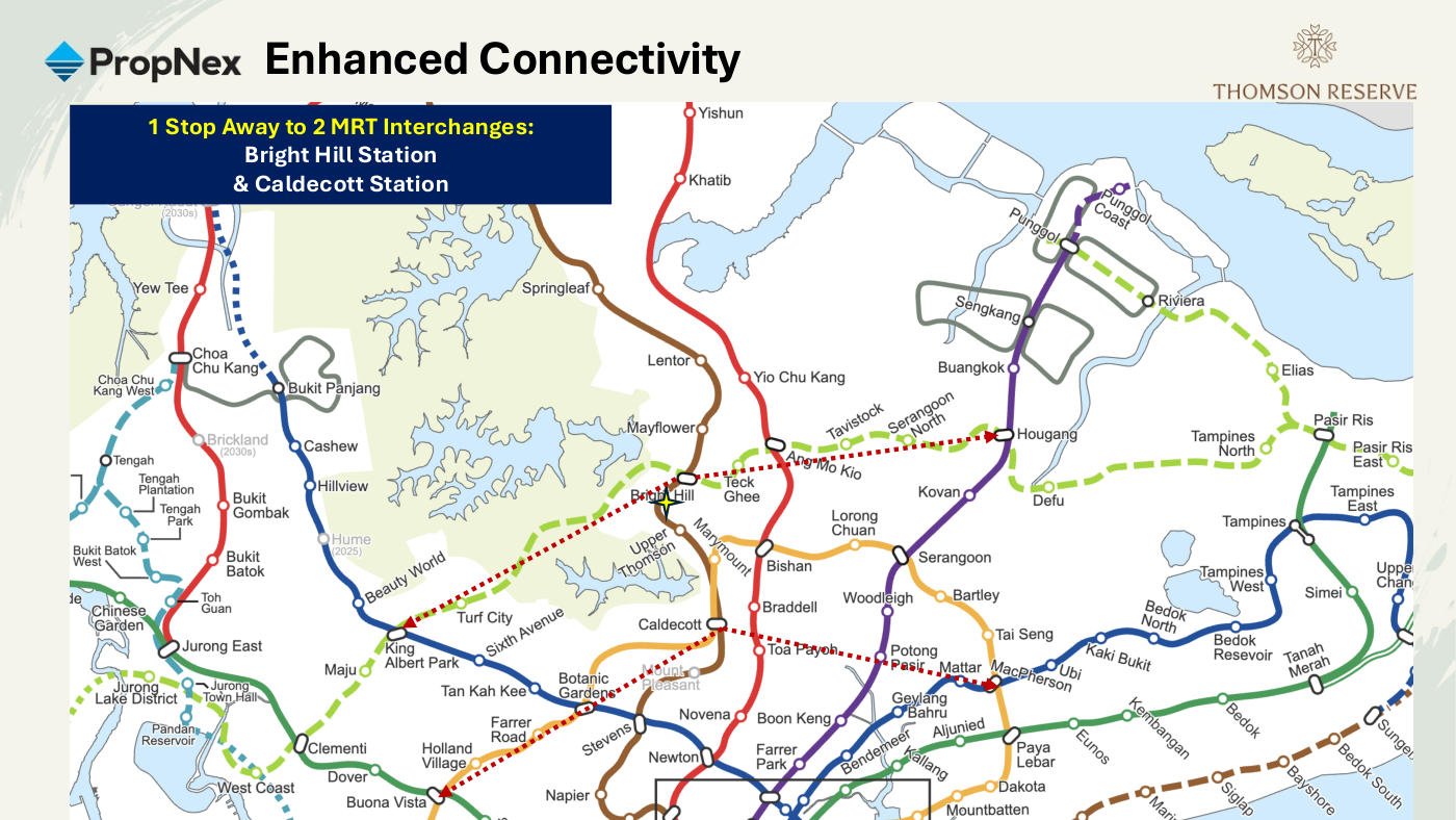 Singapore rail map highlighting Upper Thomson station one stop from Bright Hill and Caldecott interchanges