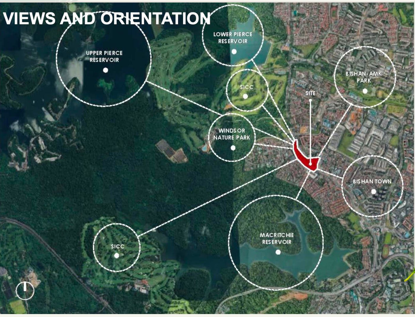Views and orientation map — Thomson Reserve positioned between Upper and Lower Peirce Reservoirs, Windsor Nature Park, MacRitchie Reservoir, SICC, Bishan-Ang Mo Kio Park and Bishan Town