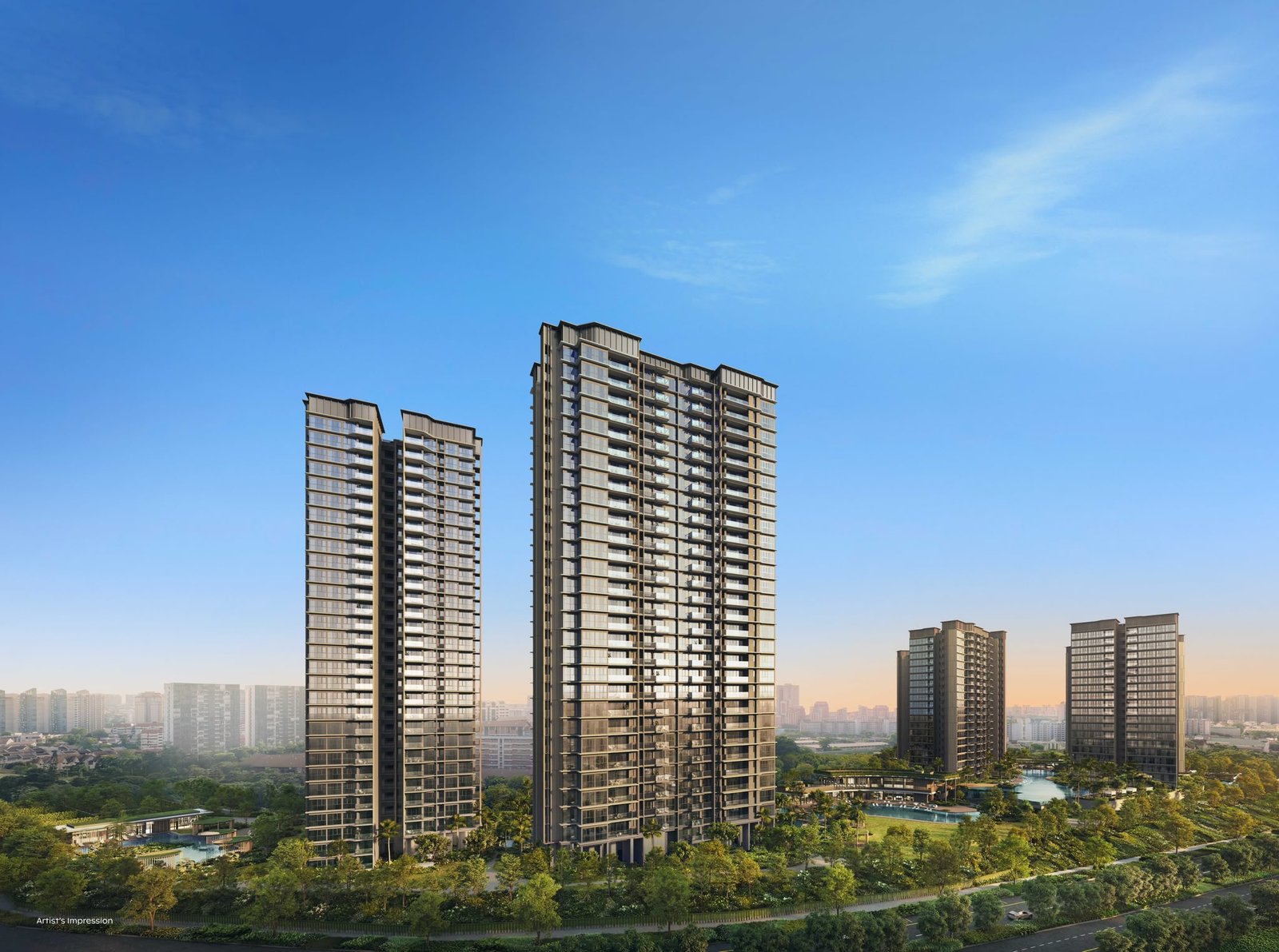 Artist's impression of Thomson Reserve — the towers of the Luxury and Classic Collections rising above landscaped grounds, pools and clubhouses, with Upper Thomson and the city skyline beyond