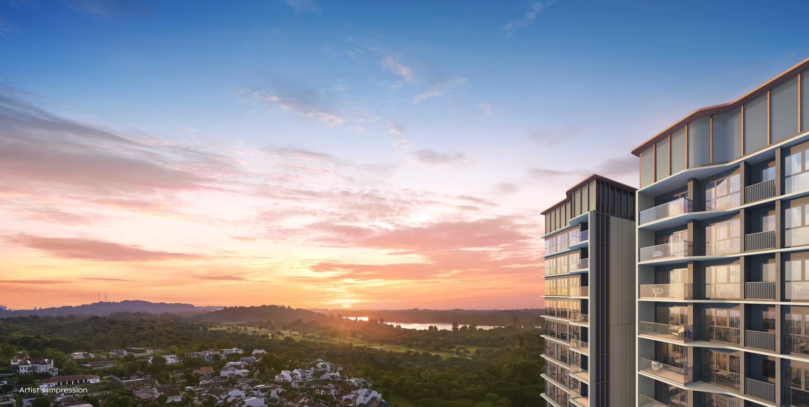 Artist's impression of the view from Thomson Reserve at sunset — private balconies looking out over the landed estate, the golf greens and the reservoir beyond
