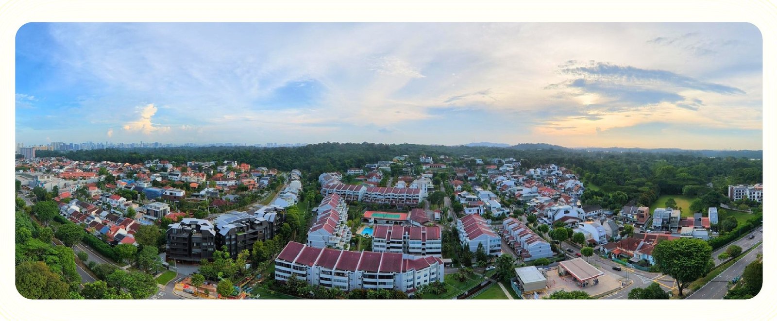 Panoramic view from Thomson Reserve over the landed enclave at dusk